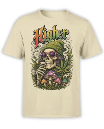 Beige T-shirt with Higher skeleton design, purple sunglasses, leafy plants, smoke swirls, and colorful mushrooms