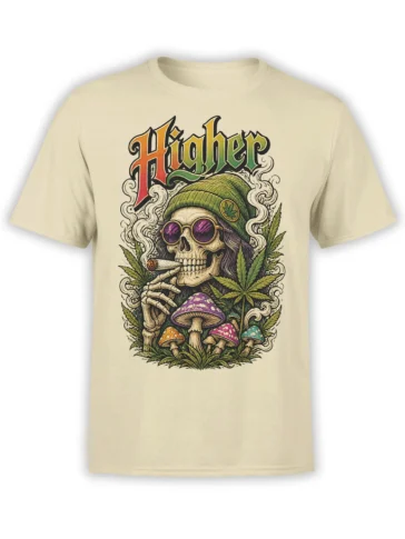 Beige T-shirt with Higher skeleton design, purple sunglasses, leafy plants, smoke swirls, and colorful mushrooms