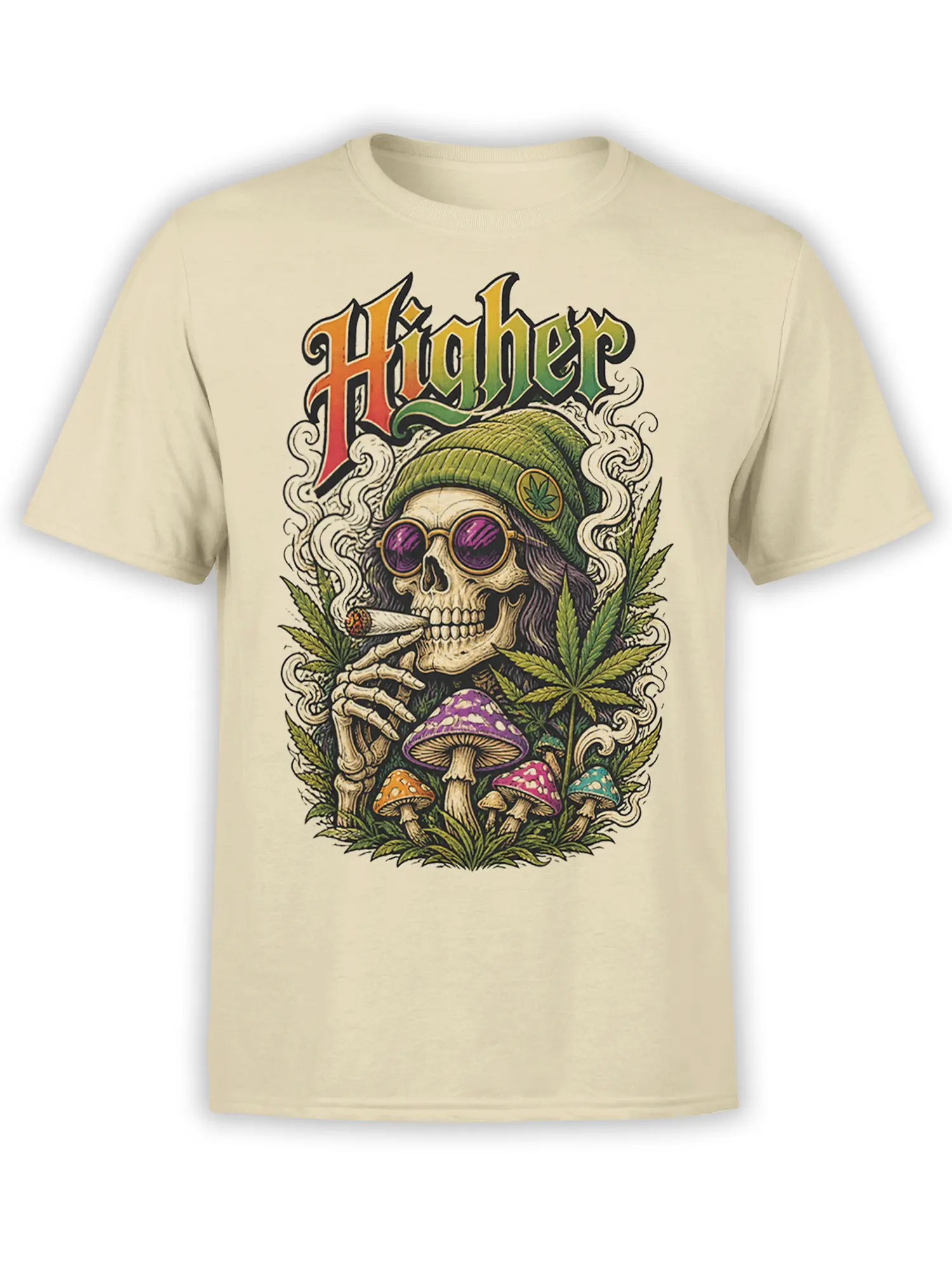 Beige T-shirt with Higher skeleton design, purple sunglasses, leafy plants, smoke swirls, and colorful mushrooms
