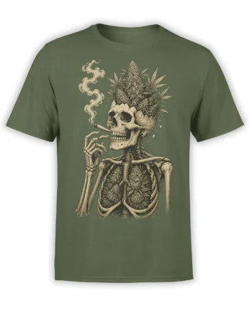 Smoking skeleton with cannabis flowers and leaves on an olive green graphic T-shirt