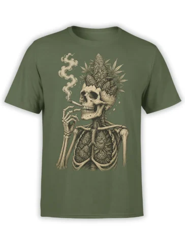 Smoking skeleton with cannabis flowers and leaves on an olive green graphic T-shirt