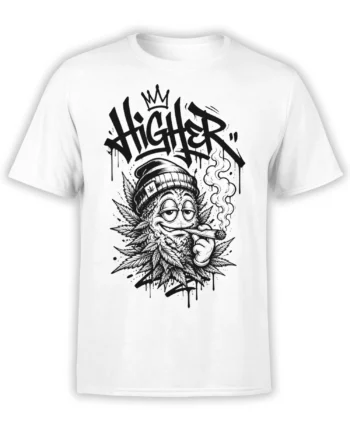 White cannabis T-shirt with crowned sleepy-eyed smoker, joint, leafy artwork, and bold HIGH lettering