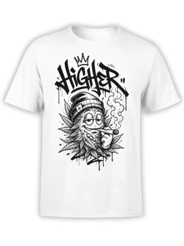 White cannabis T-shirt with crowned sleepy-eyed smoker, joint, leafy artwork, and bold HIGH lettering
