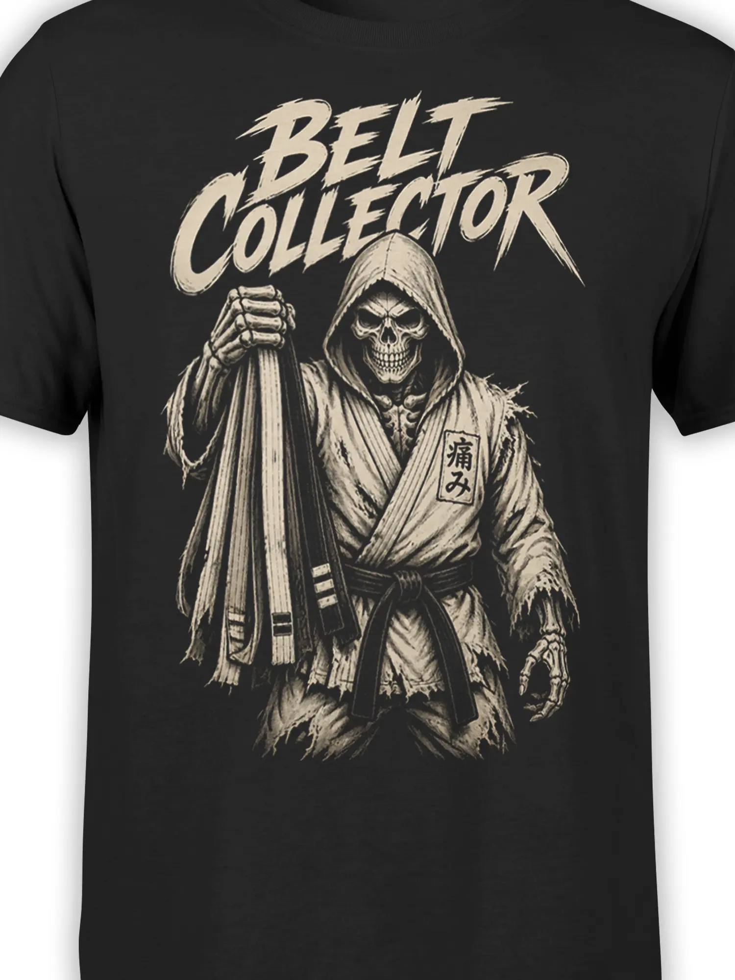 Close-up of the Belt Collector design showing a hooded skeleton, robe details, and bold cream lettering on black