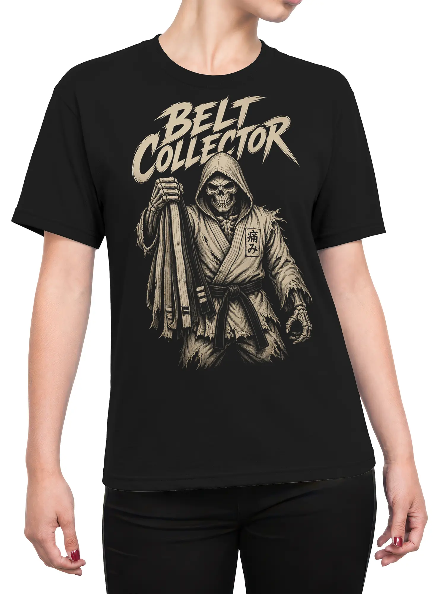 Female torso wearing a black Belt Collector shirt with a hooded skeleton and vintage cream graphic