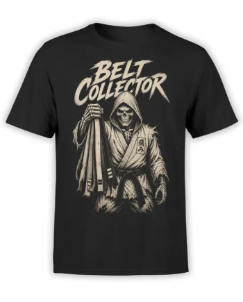 Black Belt Collector T-shirt with a hooded skeleton in a robe and vintage cream artwork