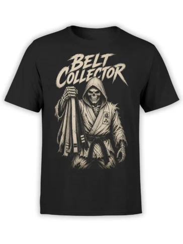 Black Belt Collector T-shirt with a hooded skeleton in a robe and vintage cream artwork
