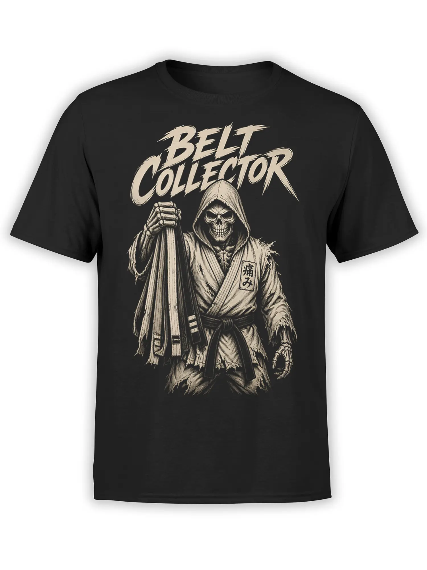 Black Belt Collector T-shirt with a hooded skeleton in a robe and vintage cream artwork