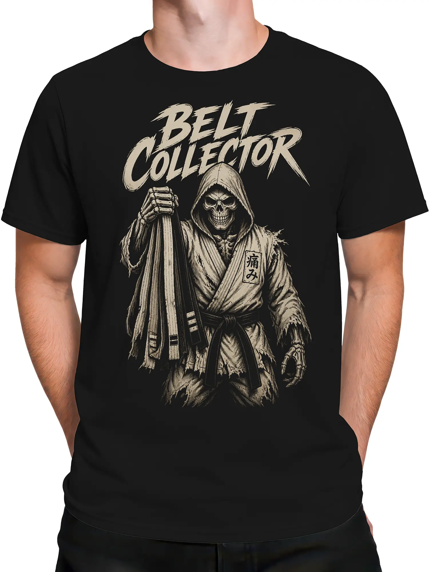 Male torso wearing a black Belt Collector shirt with a hooded skeleton graphic and bold lettering