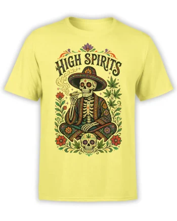 High Spirits floral skeleton wearing a wide-brim hat and holding a smoking joint on a yellow T-shirt