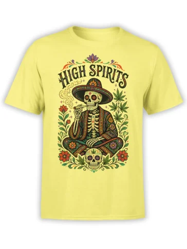 High Spirits floral skeleton wearing a wide-brim hat and holding a smoking joint on a yellow T-shirt