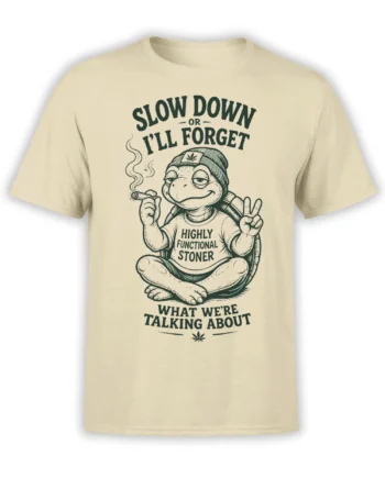 Cream T-shirt with a relaxed turtle stoner graphic, peace sign, smoking roll, and bold vintage lettering