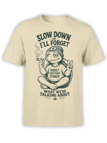 Cream T-shirt with a relaxed turtle stoner graphic, peace sign, smoking roll, and bold vintage lettering
