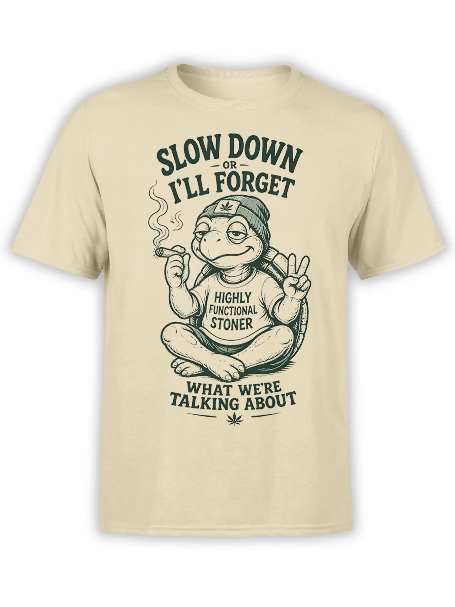 Cream T-shirt with a relaxed turtle stoner graphic, peace sign, smoking roll, and bold vintage lettering