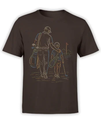 Father and son walking on a golf course with clubs and bags on a brown vintage golf T-shirt