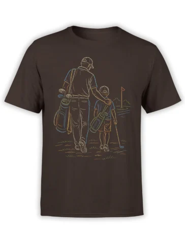 Father and son walking on a golf course with clubs and bags on a brown vintage golf T-shirt
