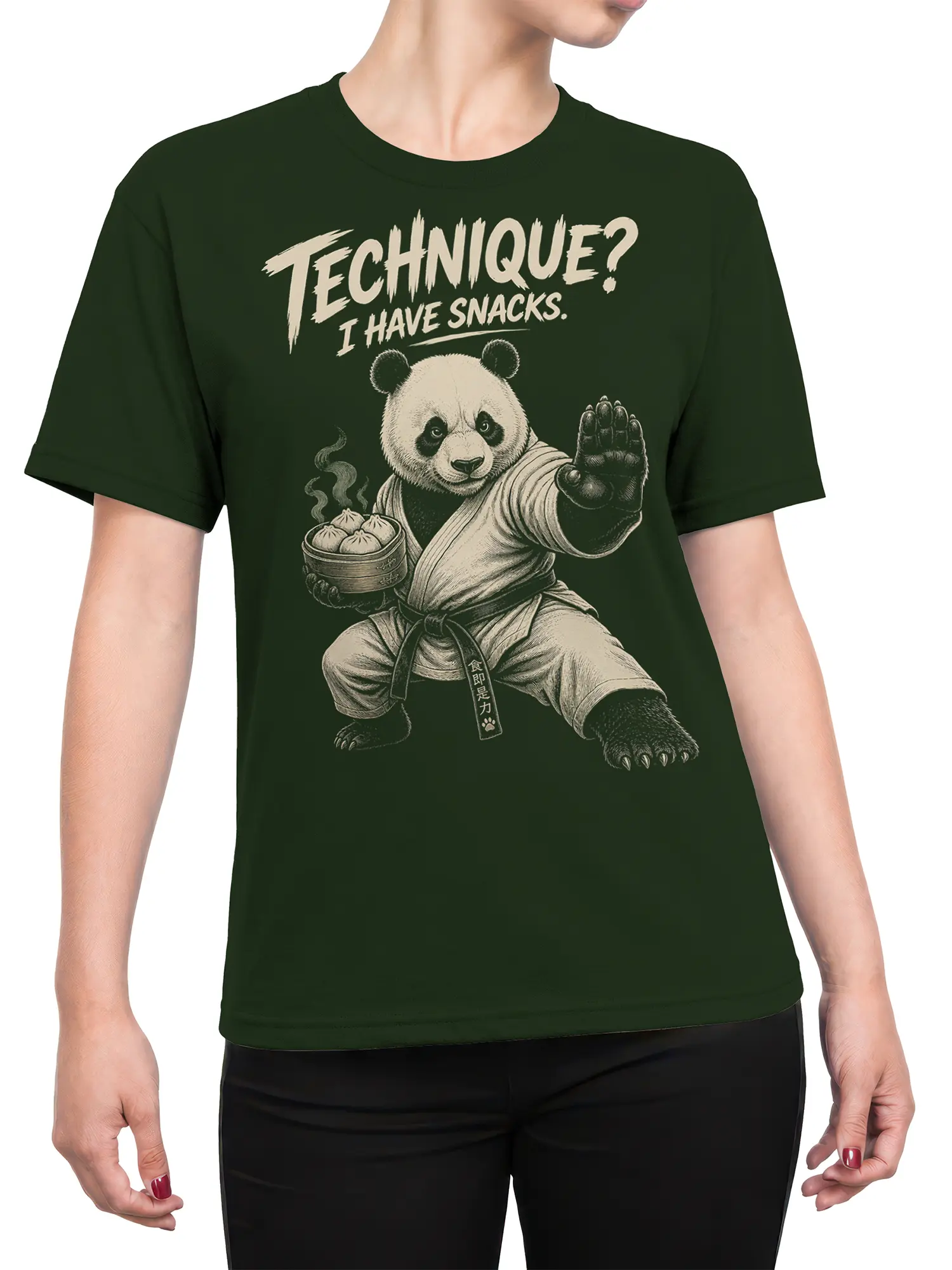 Female torso wearing a dark green panda T-shirt with martial arts artwork, dumplings, and a snack slogan