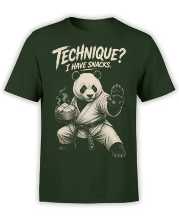 Martial-arts-inspired panda holding a steaming basket of dumplings on a dark green snack slogan T-shirt