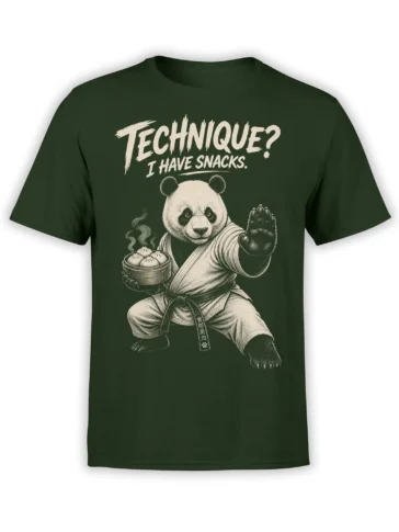 Martial-arts-inspired panda holding a steaming basket of dumplings on a dark green snack slogan T-shirt