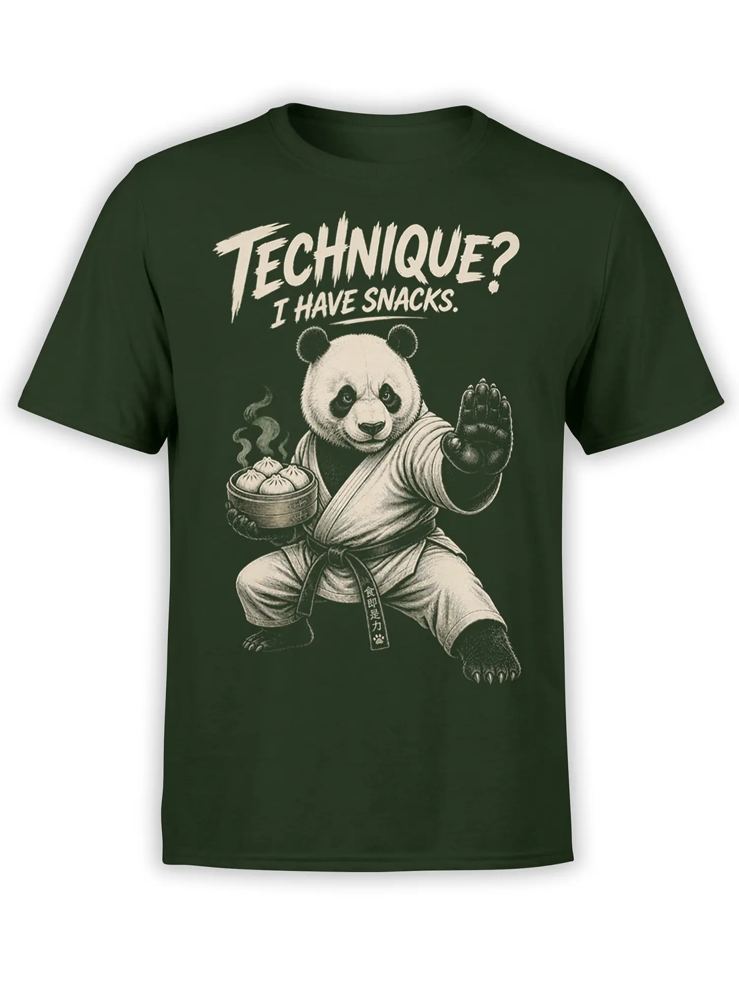 Martial-arts-inspired panda holding a steaming basket of dumplings on a dark green snack slogan T-shirt