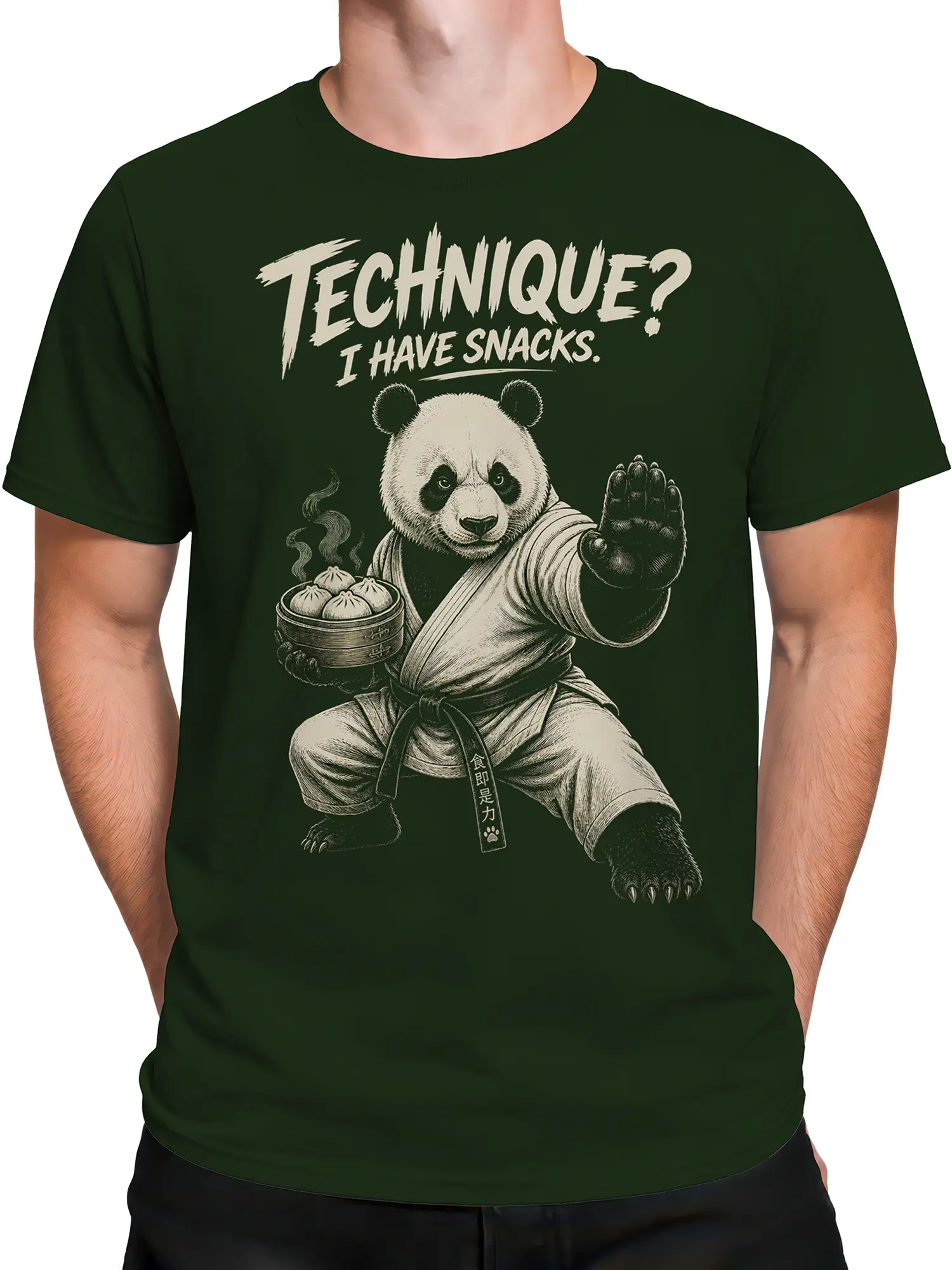 Male torso wearing a dark green panda T-shirt with dumplings and bold martial arts snack lettering