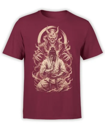 Meditiating warrior and horned demon artwork in cream on a burgundy fantasy T-shirt