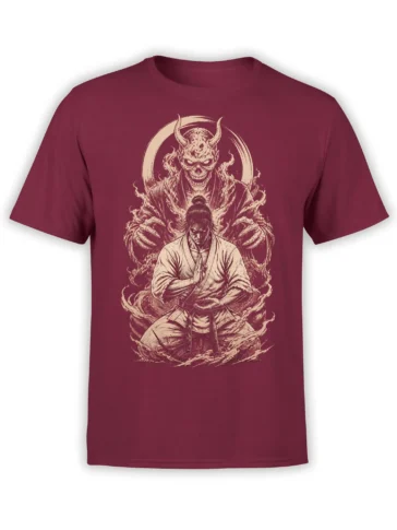 Meditiating warrior and horned demon artwork in cream on a burgundy fantasy T-shirt