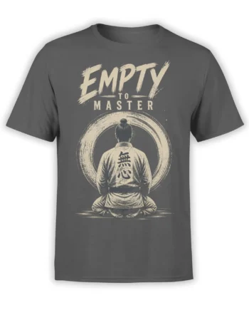 Gray martial arts T-shirt with seated figure, circular brushstroke, and “Empty to Master” design