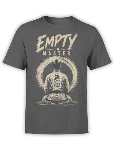 Gray martial arts T-shirt with seated figure, circular brushstroke, and “Empty to Master” design