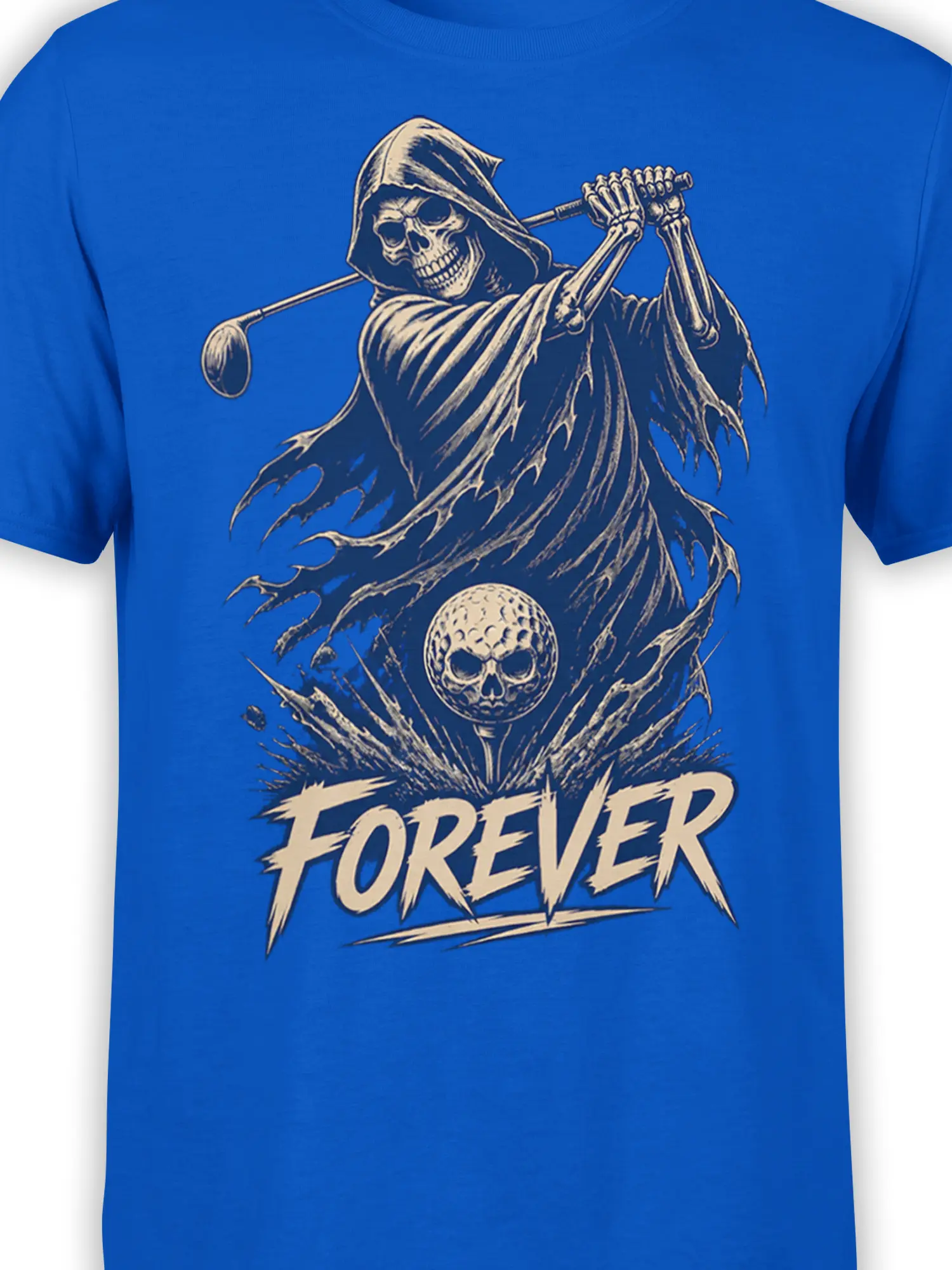 Close-up of grim reaper golfer, skull golf ball, and distressed FOREVER design on blue fabric