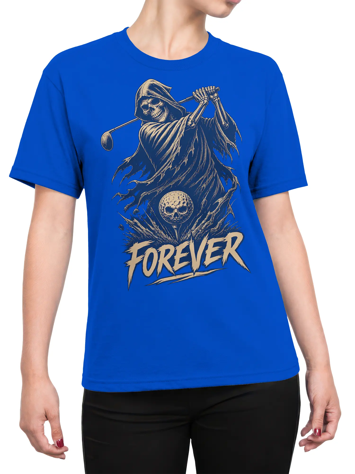 Female torso wearing a blue grim reaper golf T-shirt with skull golf ball and FOREVER artwork