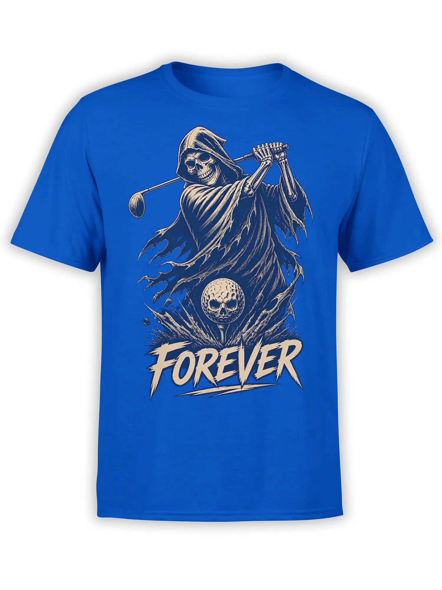 Grim reaper golfer swinging a club at a skull golf ball with FOREVER text on a blue T-shirt