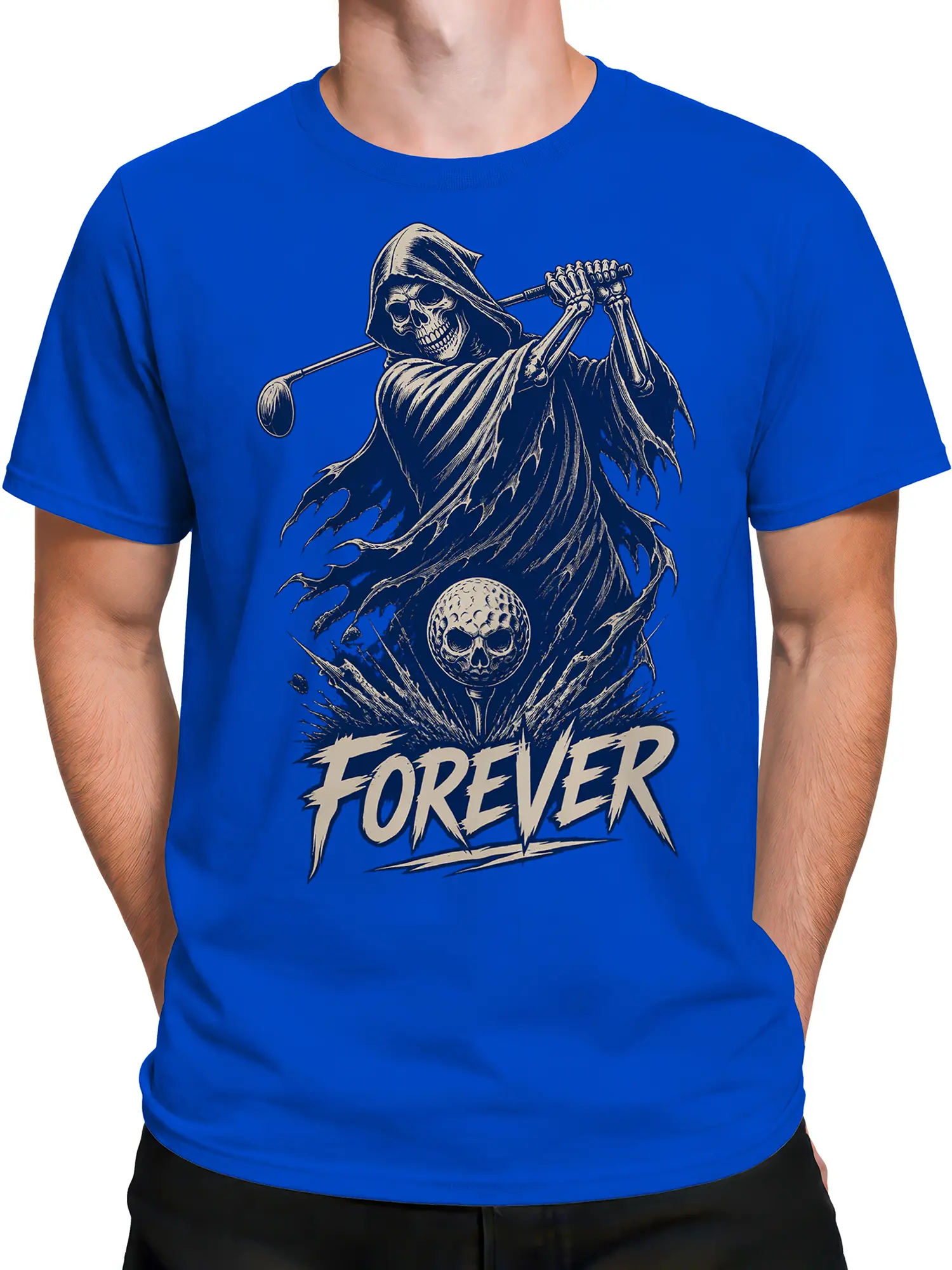 Male torso wearing a blue grim reaper golf T-shirt with bold skull and FOREVER graphic