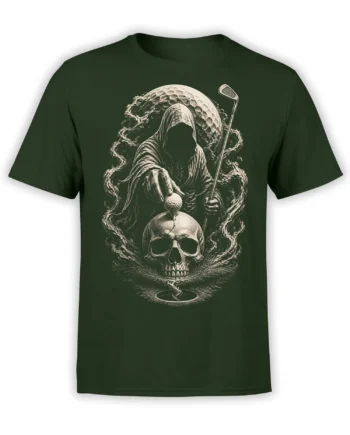 Dark green golf T-shirt with hooded grim reaper, golf club, golf ball, and cracked skull artwork