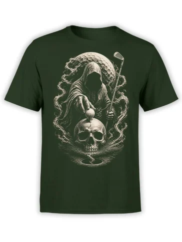 Dark green golf T-shirt with hooded grim reaper, golf club, golf ball, and cracked skull artwork