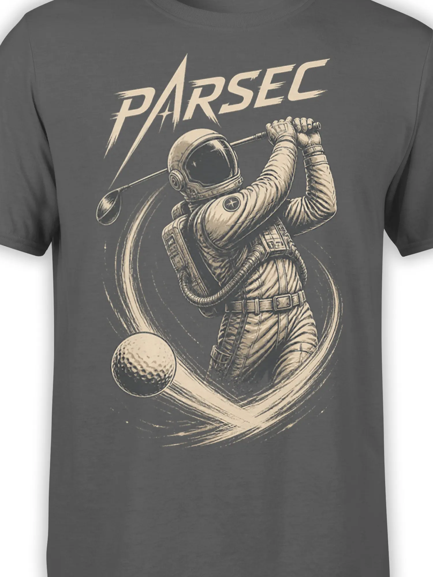 Close-up of the astronaut golfer, golf club, golf ball, and distressed lettering on a gray shirt