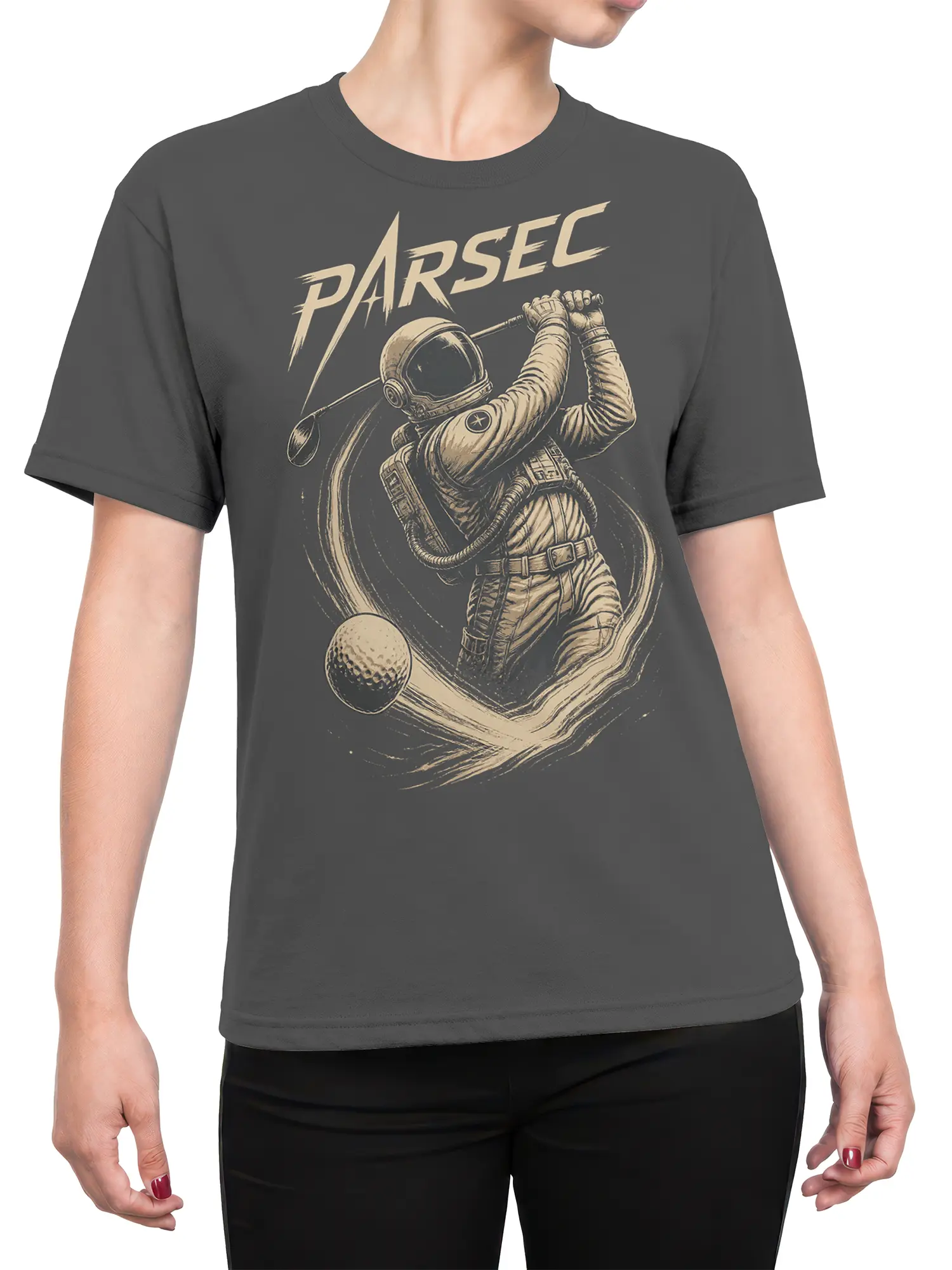 Female torso wearing a gray golf T-shirt with a helmeted astronaut golfer and cosmic swing artwork