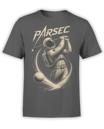 Gray golf T-shirt with a helmeted astronaut golfer swinging a club through cosmic motion lines