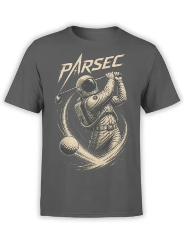 Gray golf T-shirt with a helmeted astronaut golfer swinging a club through cosmic motion lines