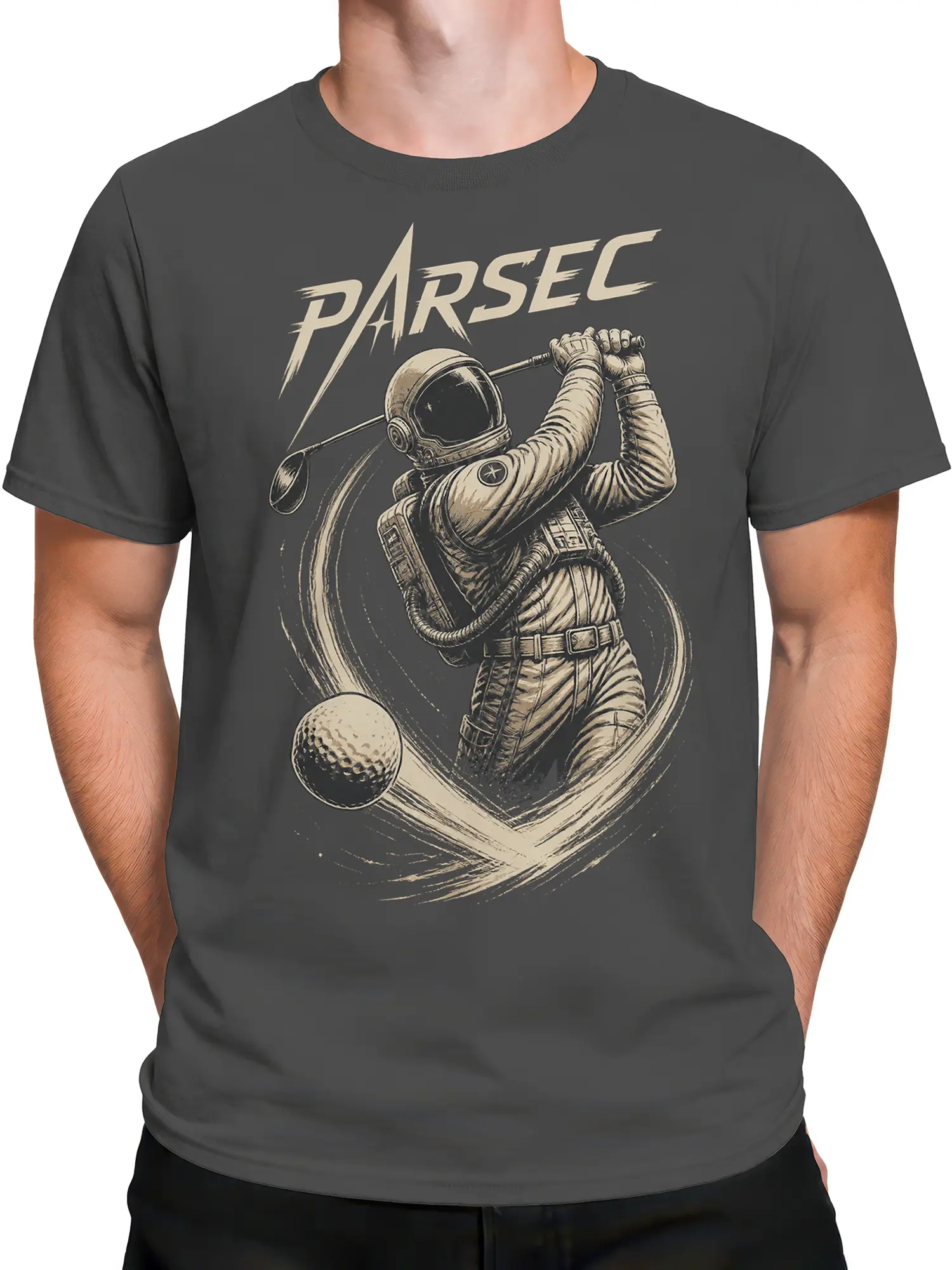 Male torso wearing a gray golf T-shirt with an astronaut golfer and orbital motion artwork