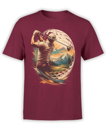 Vintage golfer swinging across a giant golf ball with mountains and a sunset landscape on a burgundy shirt