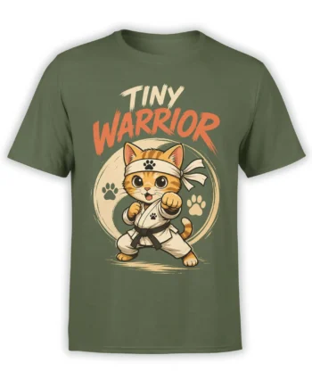 Tiny Warrior orange tabby cat in a martial arts uniform on an olive green T-shirt