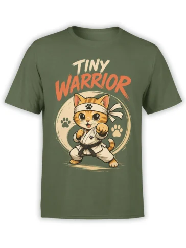 Tiny Warrior orange tabby cat in a martial arts uniform on an olive green T-shirt