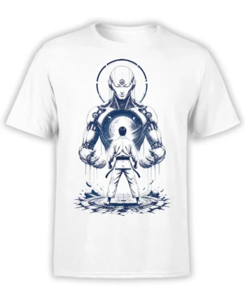 White T-shirt with navy humanoid robot and martial artist facing a cosmic machine in a dramatic scene