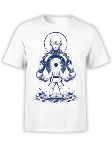 White T-shirt with navy humanoid robot and martial artist facing a cosmic machine in a dramatic scene