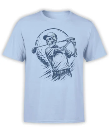 Skeleton golfer in a baseball cap swinging a golf club on a light blue T-shirt