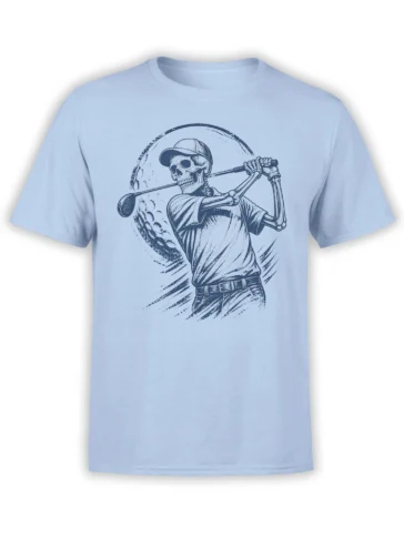 Skeleton golfer in a baseball cap swinging a golf club on a light blue T-shirt