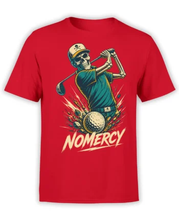 Red skeleton golfer T-shirt with explosive golf swing artwork and bold “NO MERCY” lettering