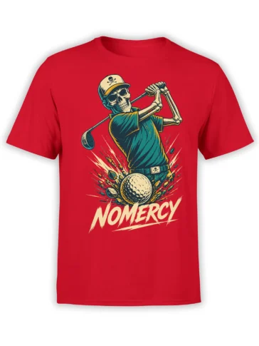 Red skeleton golfer T-shirt with explosive golf swing artwork and bold “NO MERCY” lettering