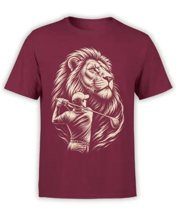 Vintage lion and golfer illustration printed on a burgundy golf T-shirt